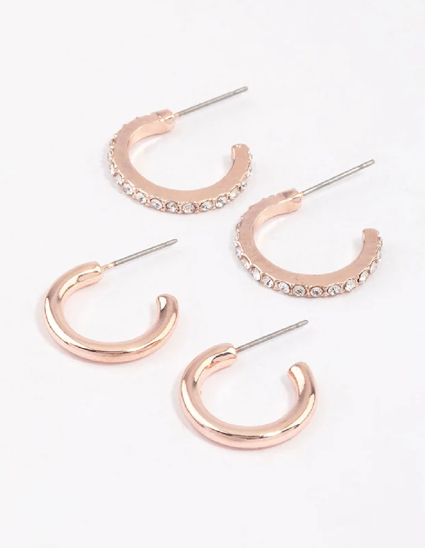 Opal gemstone ladies earrings-Rose Gold Plain & Diamante Huggie Earring Pack