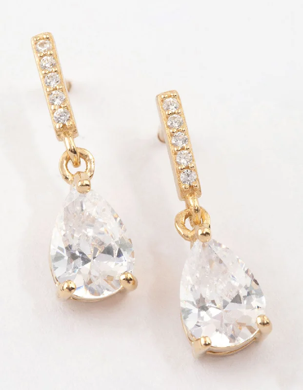 Stylish statement earrings for ladies-Gold Plated Sterling Silver Teardrop Cubic Zirconia Drop Earrings