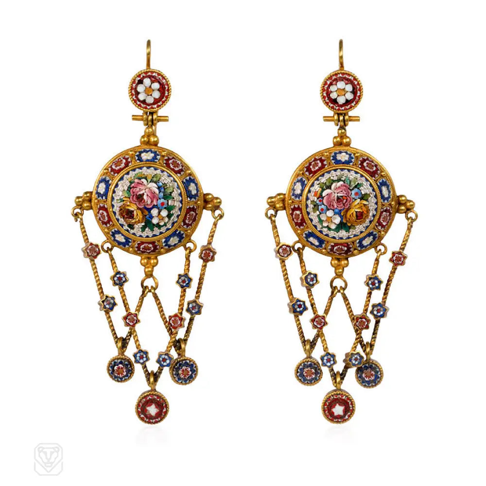 Large pearl ladies earrings-Antique micromosaic and gold earrings. Vatican