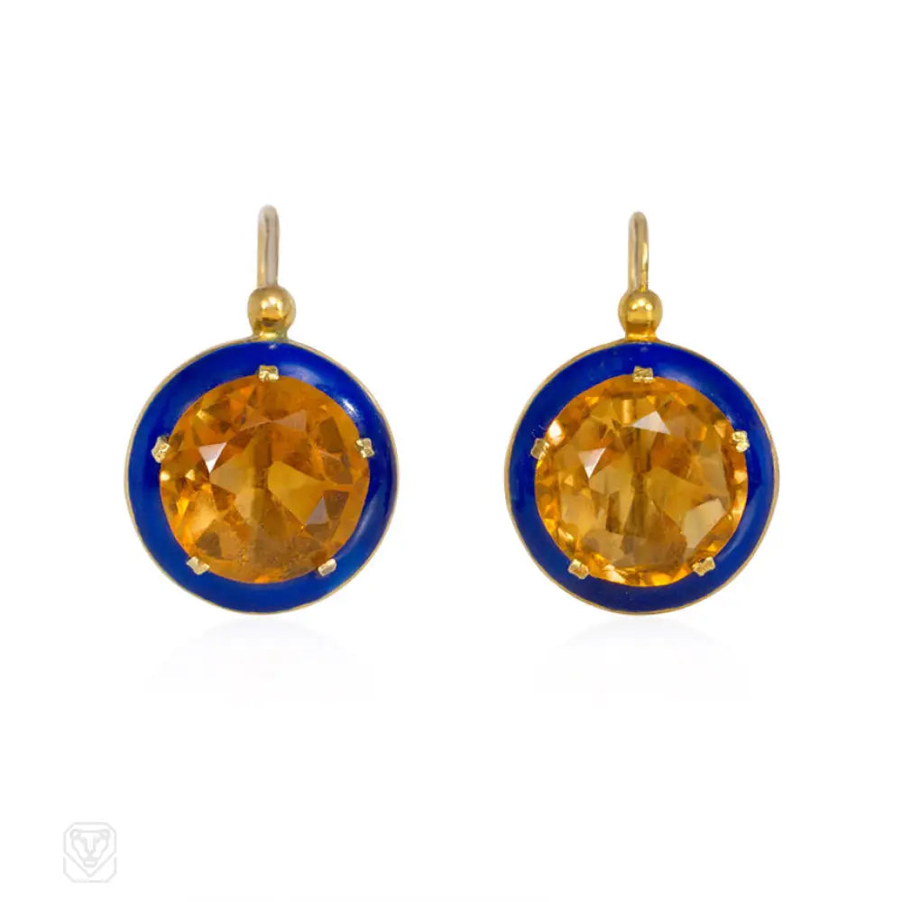 Affordable ladies earrings with diamonds-Antique French gold and citrine drop earrings