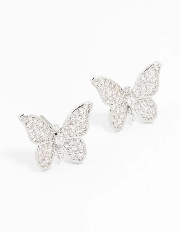 Dazzling diamond ladies earrings-Silver Cubic Zirconia Butterfly Stud Earrings