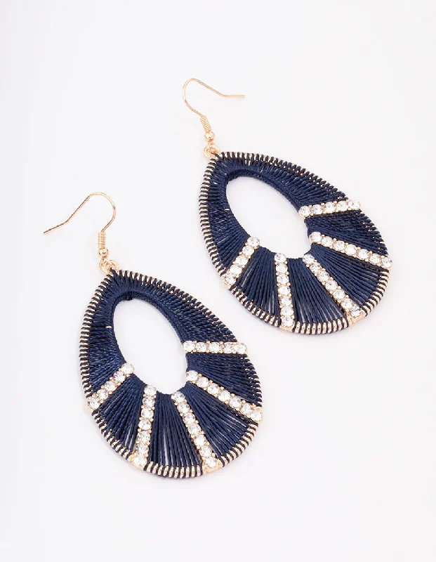 Classic gold hoop ladies earrings-Gold Woven Diamante Navy Drop Earrings