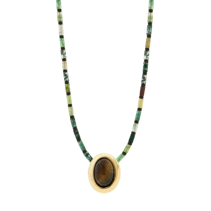 Minimalist ladies necklaces for women-Oval Tiger's Eye Cabochon on Agate Beaded Necklace