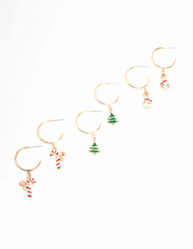 Elegant chandelier ladies earrings-Gold Festive Charm Hoops Earrings 3-Pack