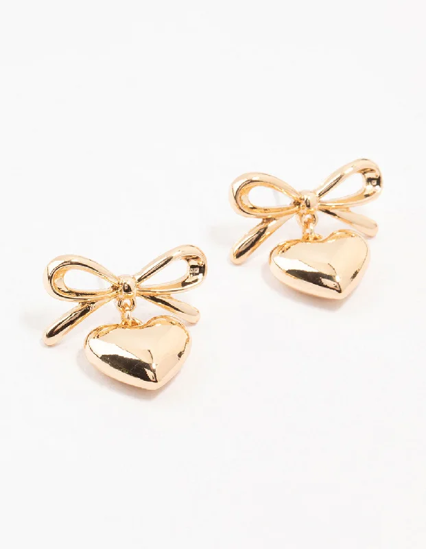 Sparkling diamond ladies earrings-Gold Bow & Puffy Heart Drop Earrings