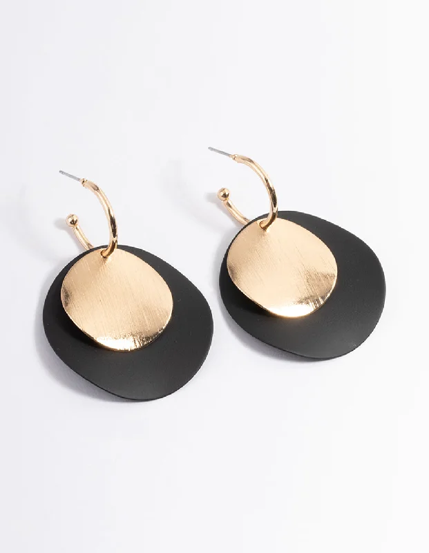 Long drop earrings for fashion-Gold & Black Large Double Disc Huggie Earrings