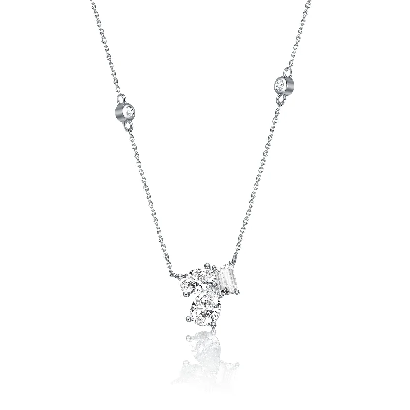 Heart-shaped ladies necklaces for love-Sterling Silver Cubic Zirconia Cluster Station Necklace