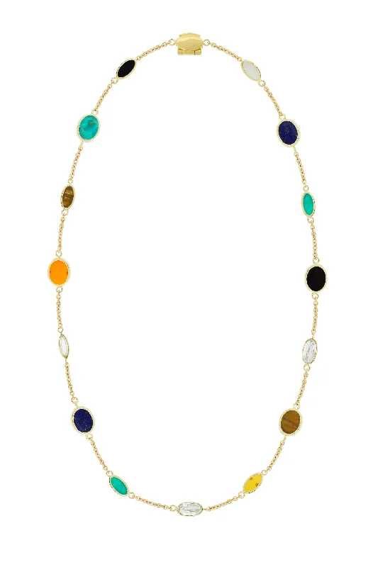 Affordable sterling silver ladies necklaces-Multi Oval Gemstone Gold Chain Necklace with Diamonds