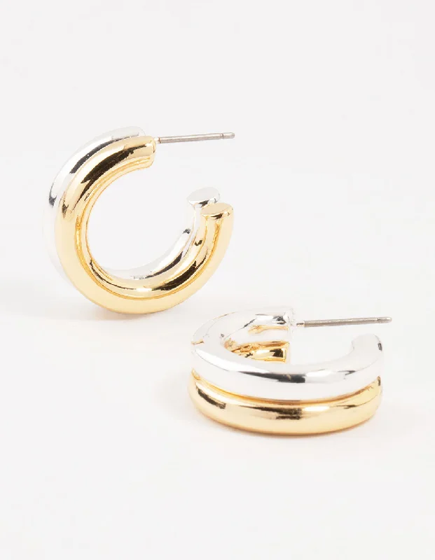 Minimalistic hoop ladies earrings-Small Mixed Metals Double Hoop Earrings