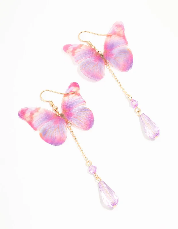 Custom ladies earrings with precious stones-Pink Tie Dye Butterfly Drop Earrings