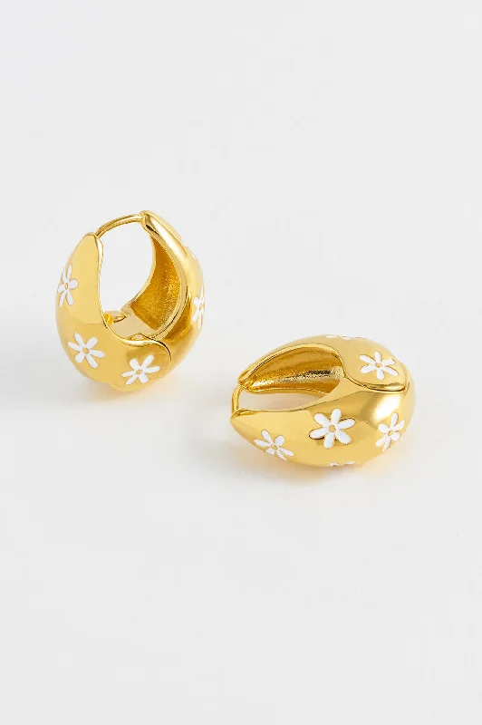 Luxury gold earrings with diamonds-Chunky Floral Hinge Hoops