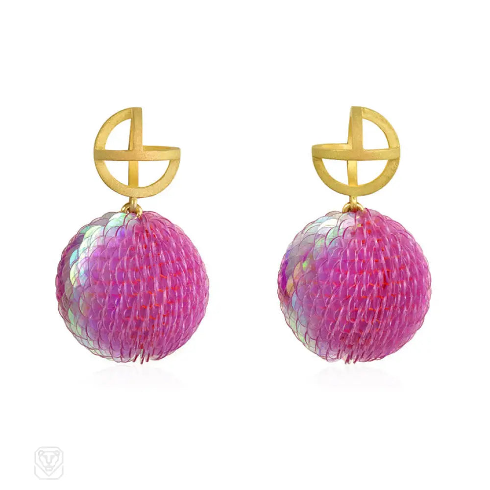 Silver stud earrings for women-Gold and pink sequined ball earrings