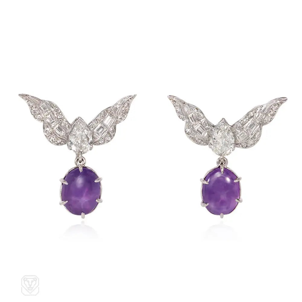 Handcrafted ladies earrings with gemstones-Retro star sapphire and diamond wing earrings