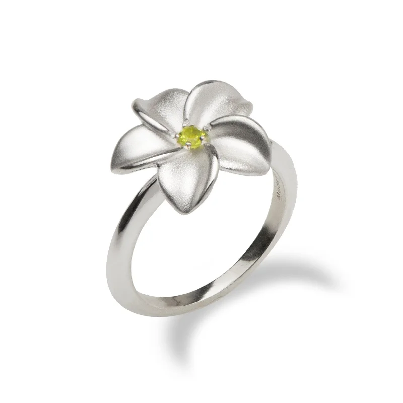 Stylish silver ladies rings-Plumeria Peridot Ring in Sterling Silver - 15mm