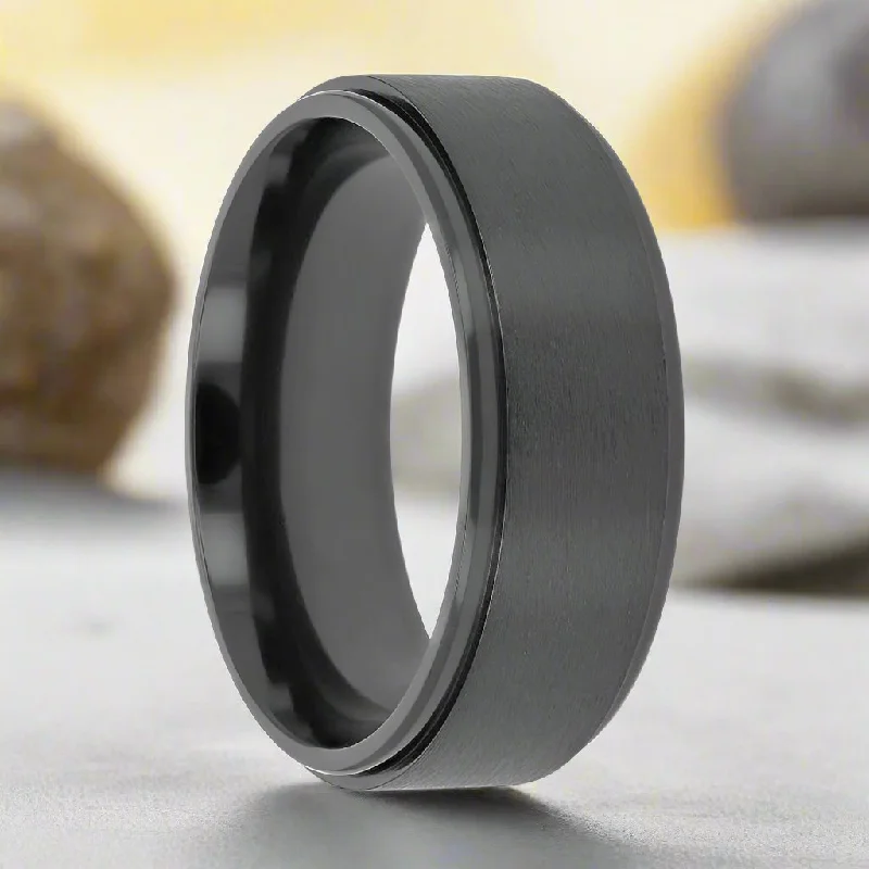 Designer ladies rings for brides-BABYLON | Black Titanium Ring, Brushed Raised Center, Stepped Edges