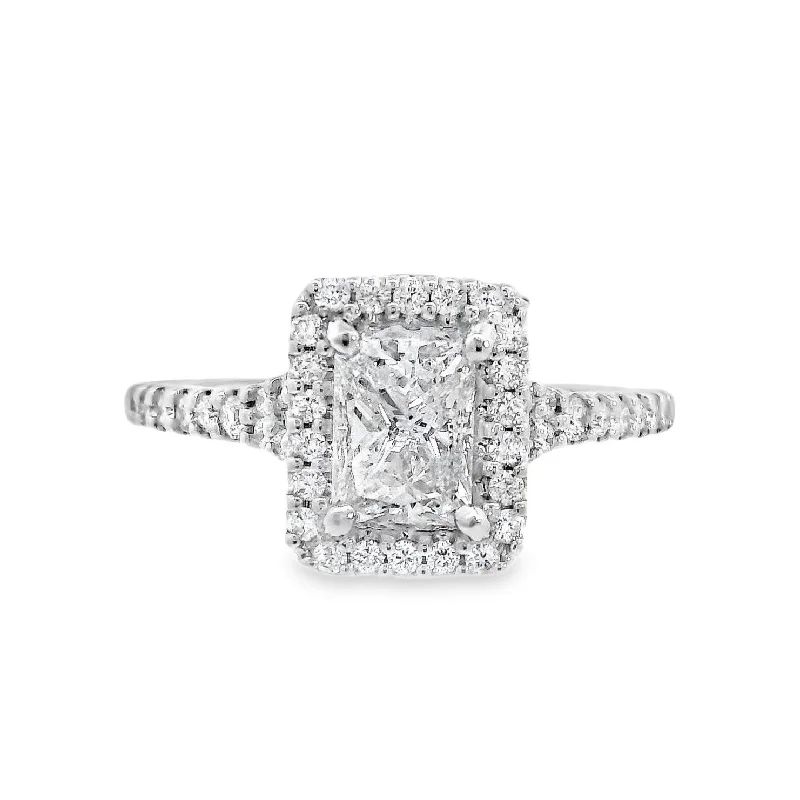 Traditional engagement rings with round diamonds-18K White Radiant Diamond 0.98Ct Halo Engagement Ring