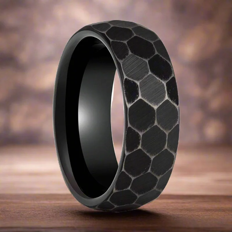 Rose gold engagement ladies rings-HEXANITE | Black Tungsten Ring, Antiqued Faceted Hammered, Domed