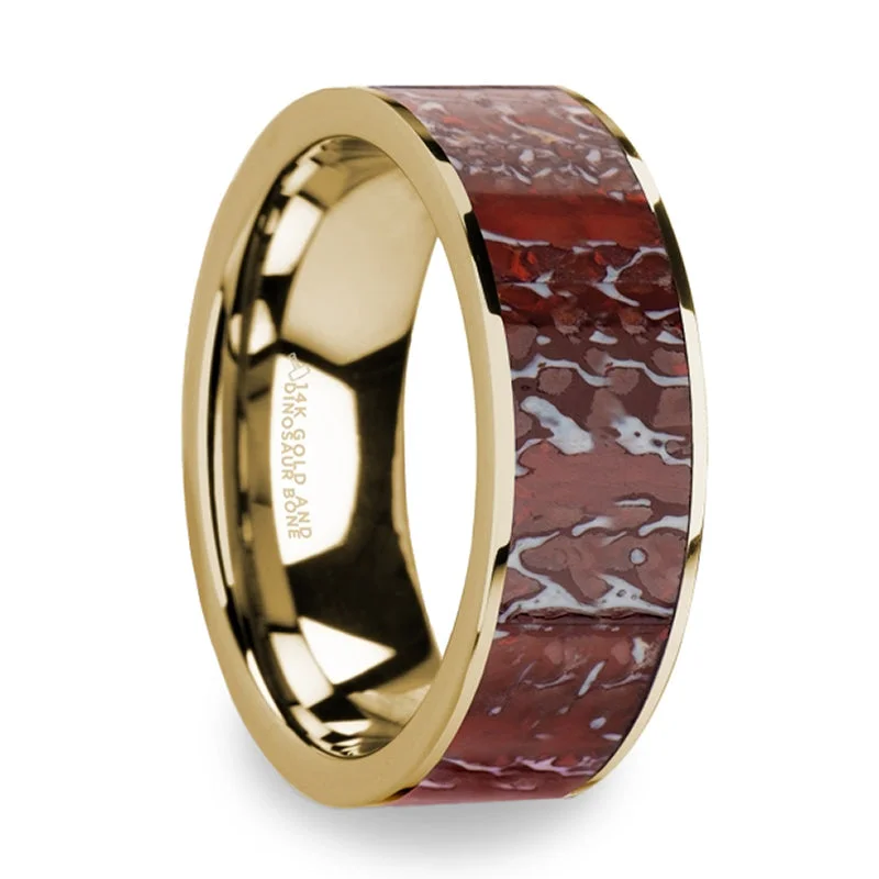 Vintage inspired ladies rings-Red Dinosaur Bone Inlay 14k Yellow Gold Men's Wedding Band