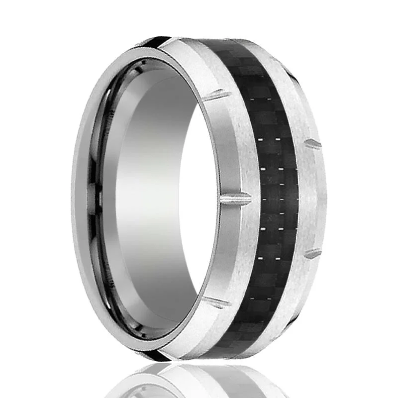 Custom engraved ladies rings-COLOSSAL | Silver Tungsten Ring, Black Carbon Fiber, Notches, Beveled