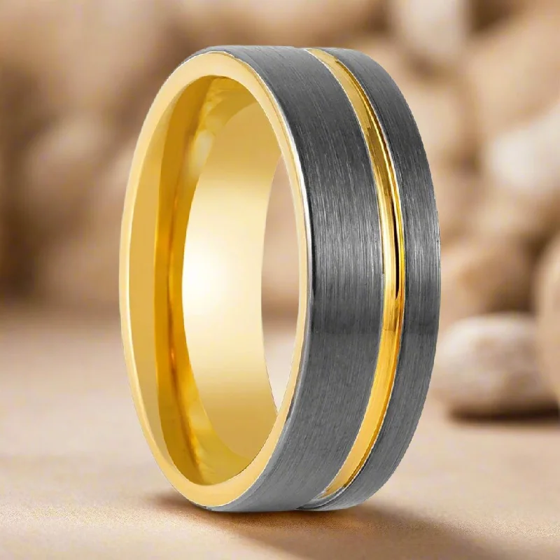 Classic gold ladies rings-AFRIDI | Gun Metal Tungsten Ring,  Gold Inside, Offset Gold Groove, Flat