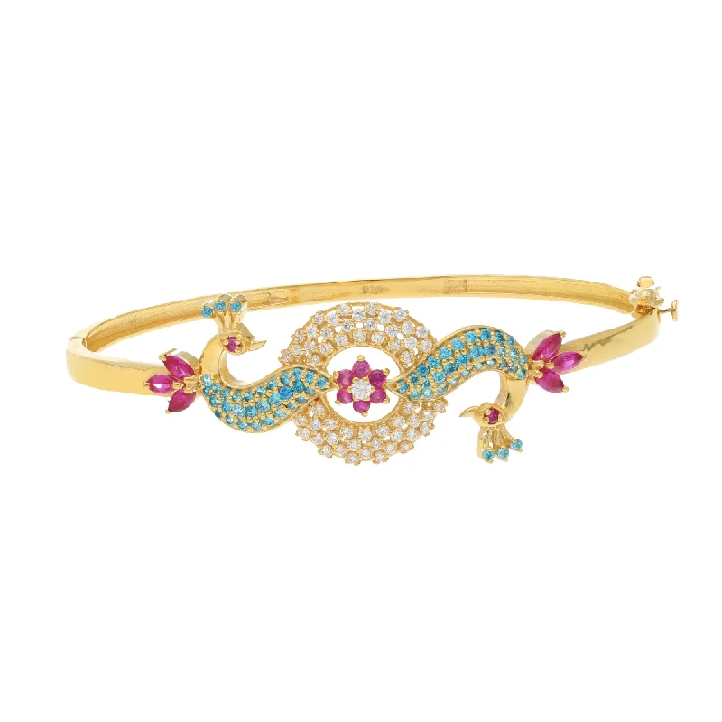 Fashionable charm bracelets for women-22K Yellow Gold Peacock Bangle with Ruby, CZ, & Sapphires (15 grams)