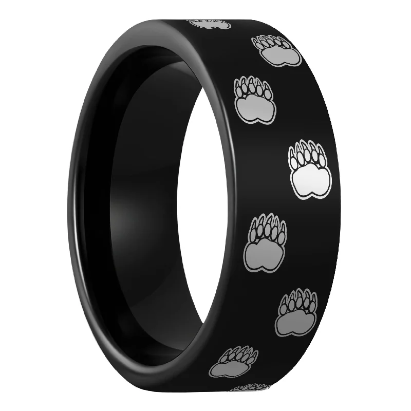 Artistic ladies rings with gems-Bear Paw Print Black Tungsten Men's Ring