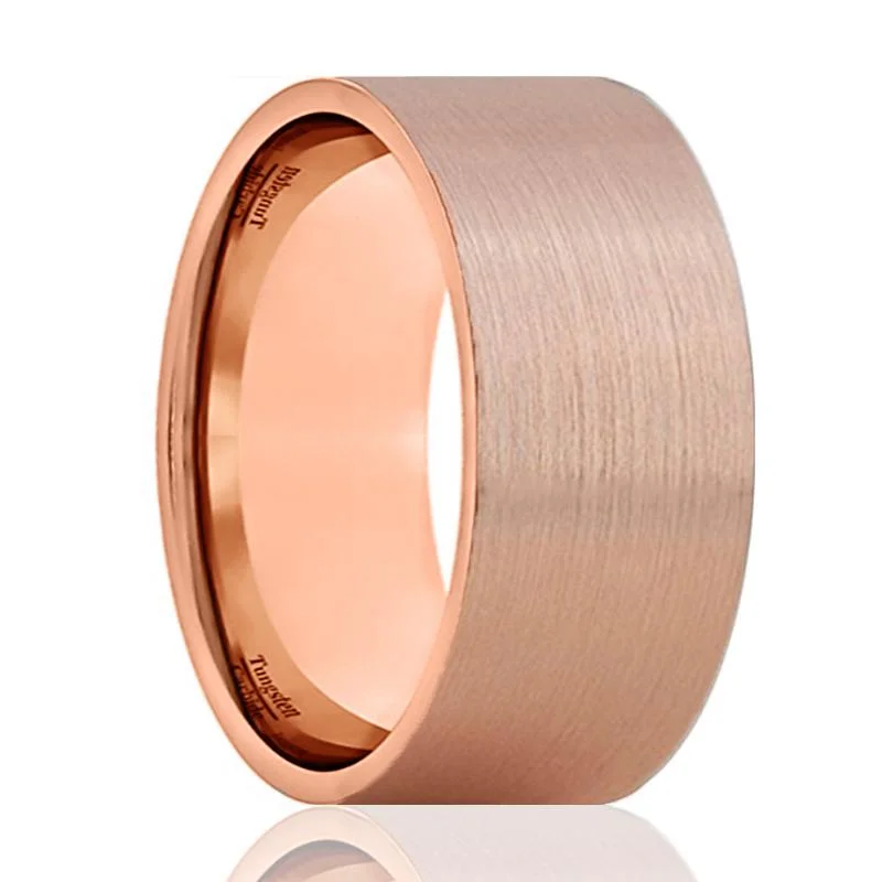 Classic solitaire ladies rings-PERCY | Rose Gold Tungsten Ring, Brushed, Flat