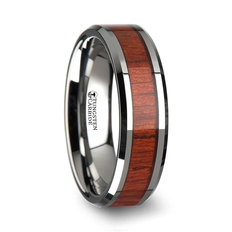 Stunning ladies rings for parties-Tungsten Men's Wedding Band with Padauk Wood Inlay