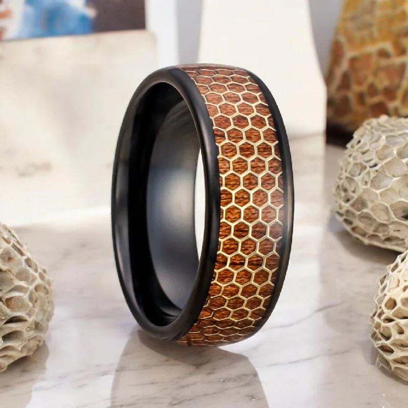 Contemporary design ladies rings-BEASON | Black Tungsten Ring, Rosewood Inlay, Gold Honeycomb Design, Domed