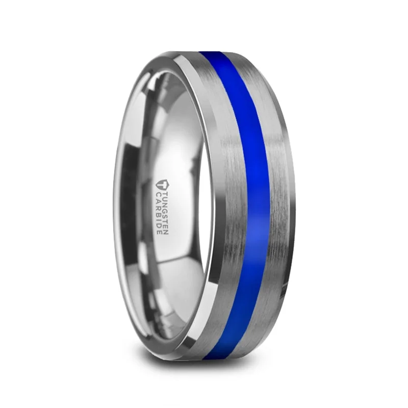 Rose gold ladies rings for women-Men's White Tungsten Wedding Band with Blue Stripe