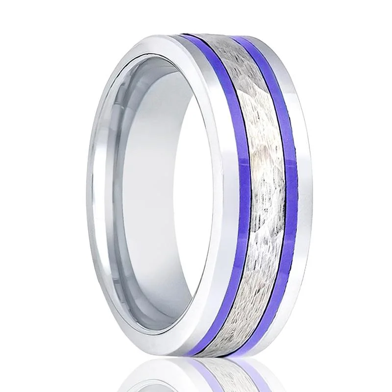 Birthstone rings for ladies-SKYFORCE | Silver Tungsten Ring, Hammered, Two Blue Hue Trims, Flat