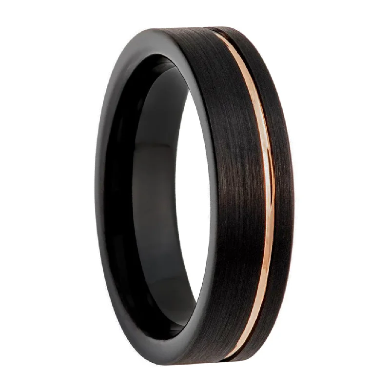 Ladies rings with emerald stones-Black Tungsten Men's Wedding Band with Rose Gold Asymmetrical Groove