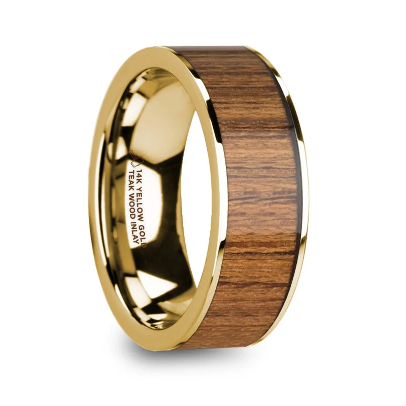 Personalized gemstone ladies rings-Teak Wood Inlay 14k Yellow Gold Men's Wedding Band