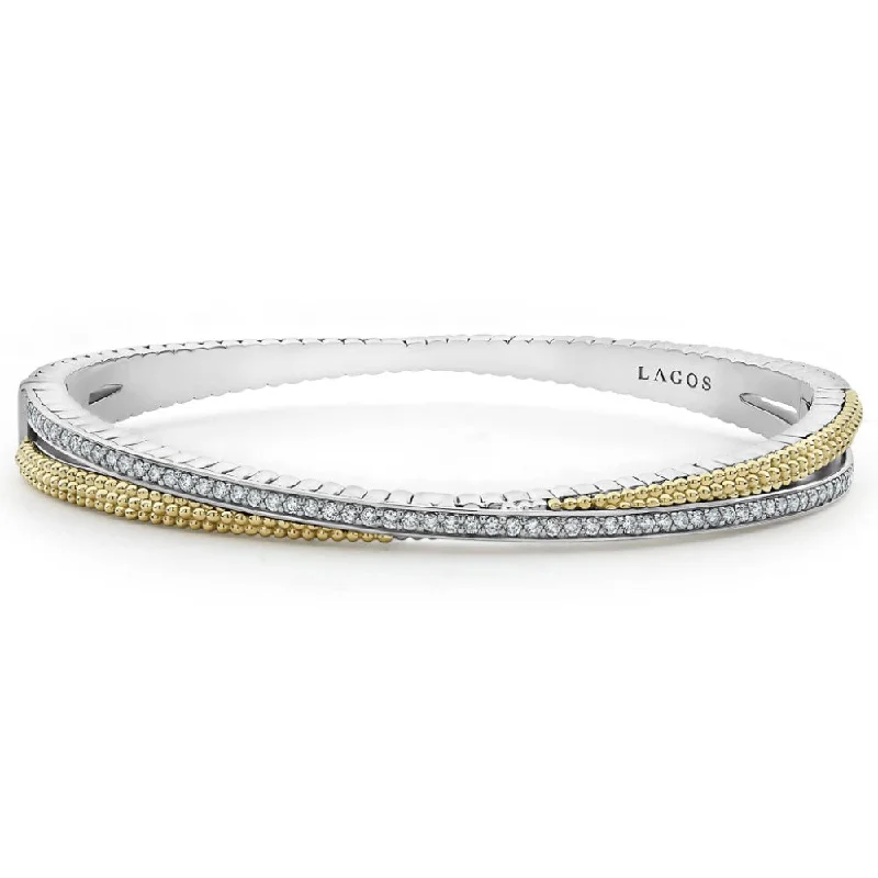 Unique gemstone bracelets for women-Lagos Lux 18k Gold Caviar and Diamond Bangle