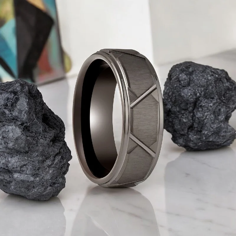 Unique wedding band rings for women-GRAPHIZOID | Gun Metal Tungsten Ring, Trapezoids Design, Stepped Edge