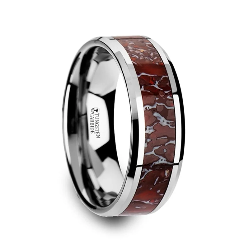 Elegant platinum rings for women-Tungsten Men's Wedding Band with Red Dinosaur Bone Inlay