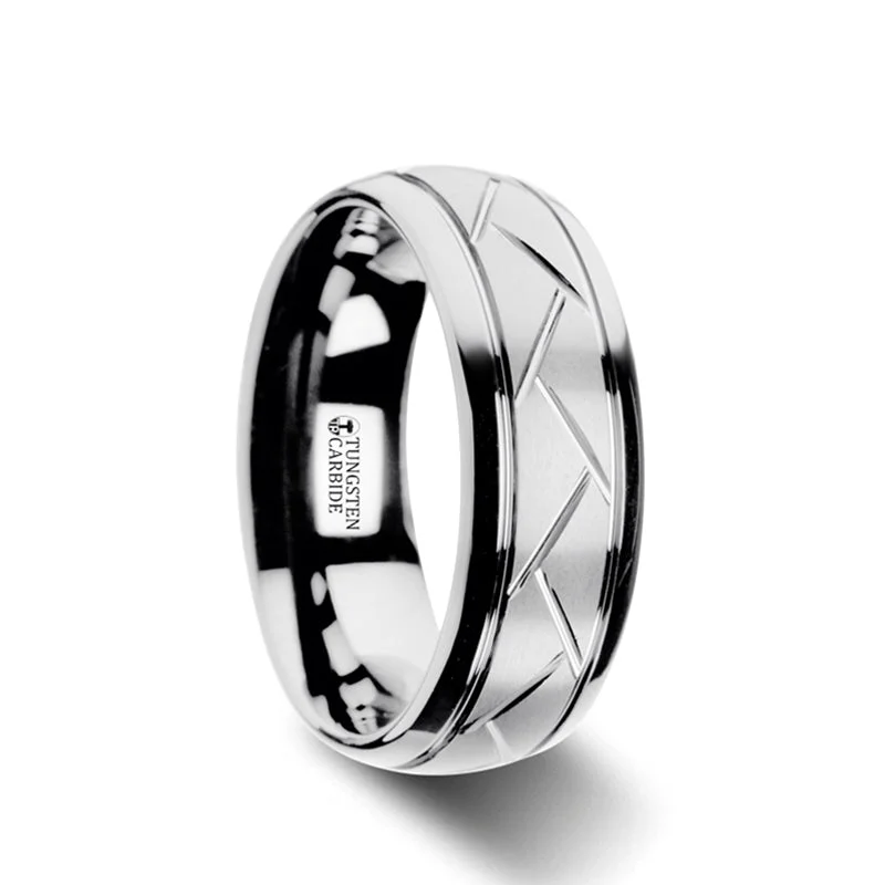 Ladies rings with opals-Tungsten Wedding Band with Crisscross Grooves