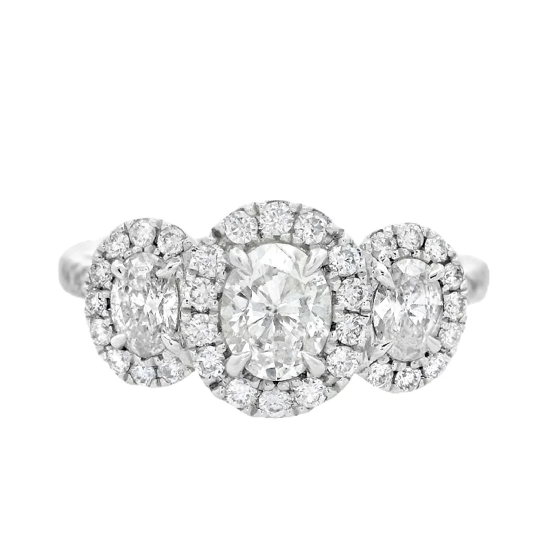 Engagement rings with vintage diamonds-14K White Oval Diamond 0.76Ct 3 Stone Engagement Ring