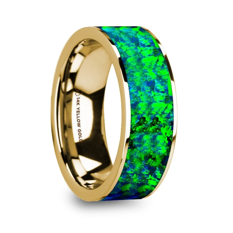 Classic gold ladies rings-14k Yellow Gold Men's Wedding Band with Green and Blue Opal Inlay