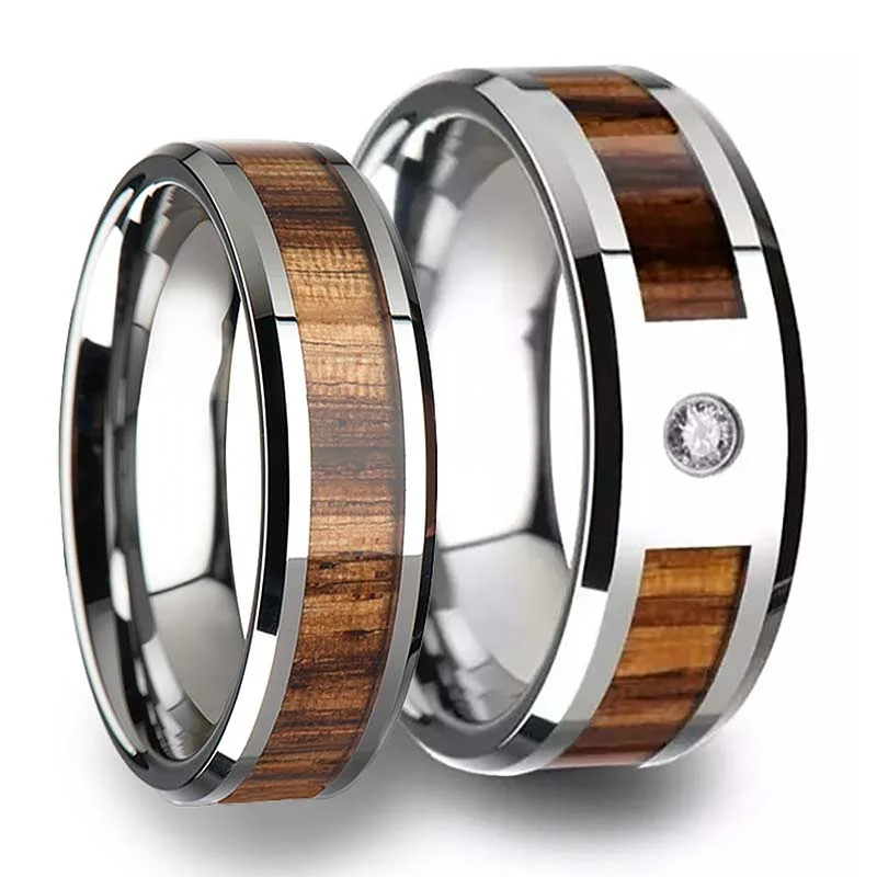 Affordable diamond ladies rings-Zebra Wood Inlaid Tungsten Couple's Matching Wedding Band Set