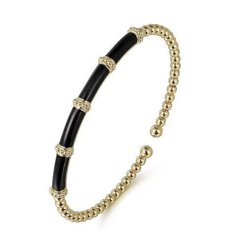 Silver bangle sets for women-Yellow Gold Bujukan Beads Split Bangle with Black Enamel