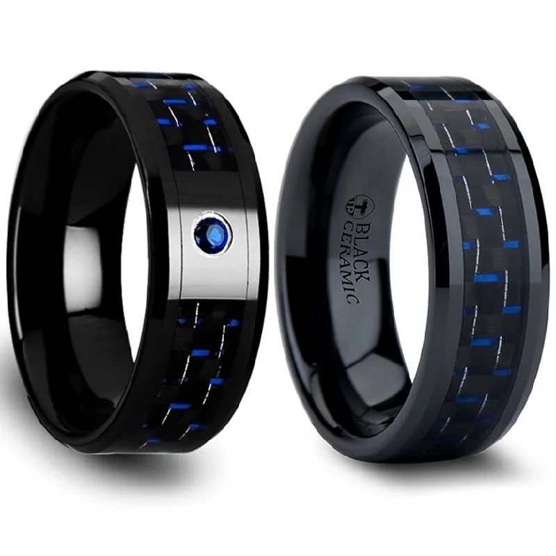 Multi-stone ladies rings-Black & Blue Carbon Fiber Inlaid Black Ceramic Couple's Matching Wedding Band Set