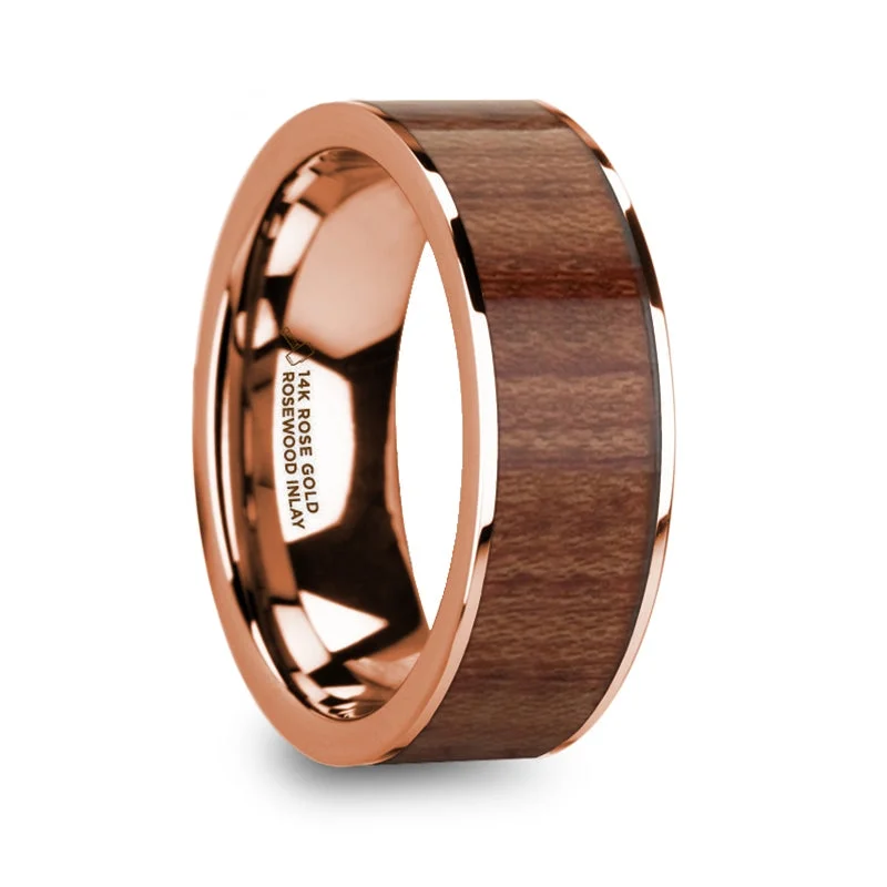 Colored gemstone ladies rings-Rosewood Inlay 14k Rose Gold Men's Wedding Band