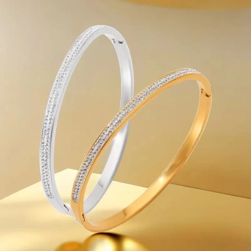 High-quality gemstone bangles-Streetwear Solid Color Titanium Steel Plating Inlay Zircon Bangle