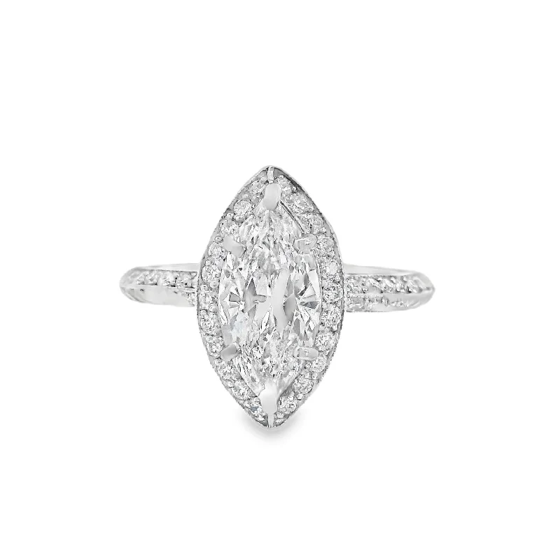 Engagement rings with vintage diamonds-Platinum Marquise Diamond 1.17Ct Halo Engagement Ring