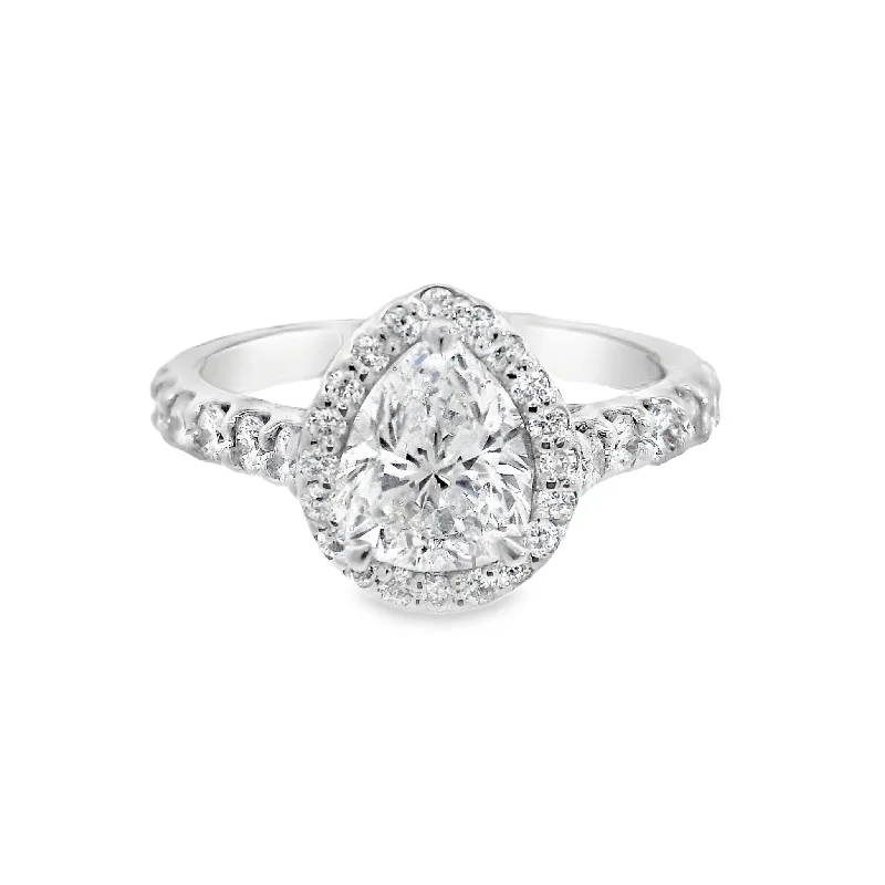 Engagement rings with diamond accents-14K White Pear Diamond 1.17Ct Halo Engagement Ring