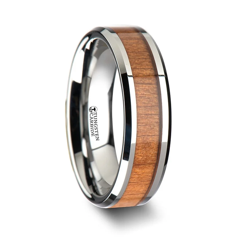 Handcrafted ladies rings with stones-Tungsten Men's Wedding Band with Black Cherry Wood Inlay