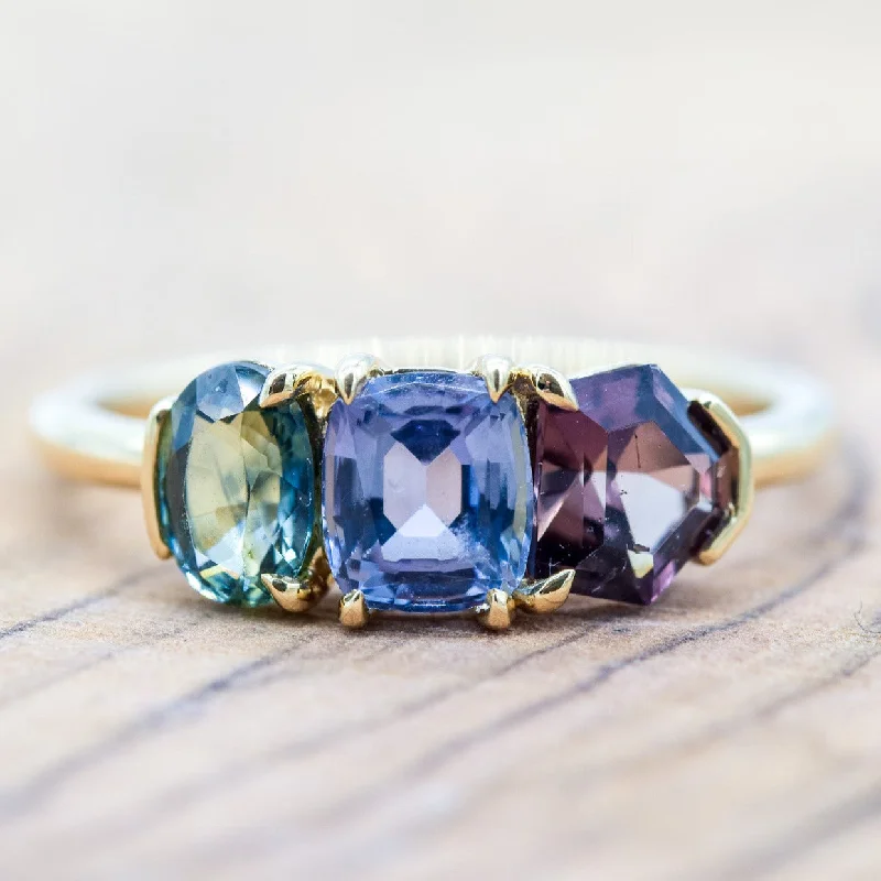 Adjustable size ladies rings-The Aura Ring | A triple gemstone ring with mixed prong and half bezel settings