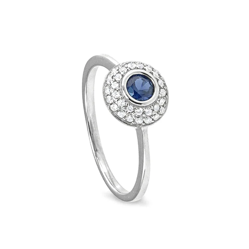 Engagement rings with halo setting for women-Ring with Synthetic Blue Sapphire and Simulated Diamonds