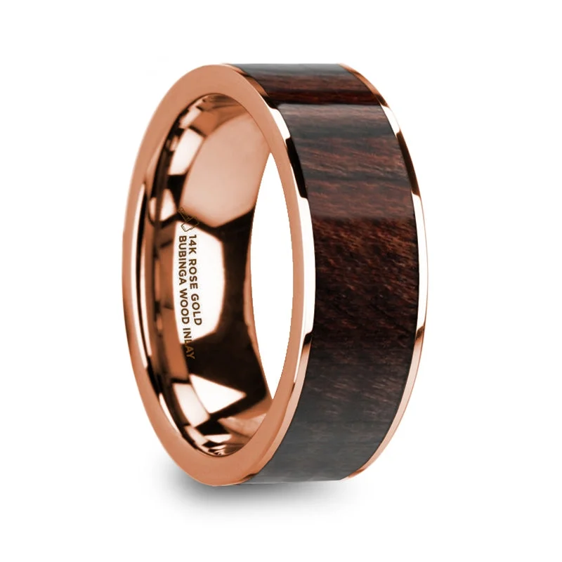 Rose gold ladies rings for women-Bubinga Wood Inlay 14k Rose Gold Men's Wedding Band